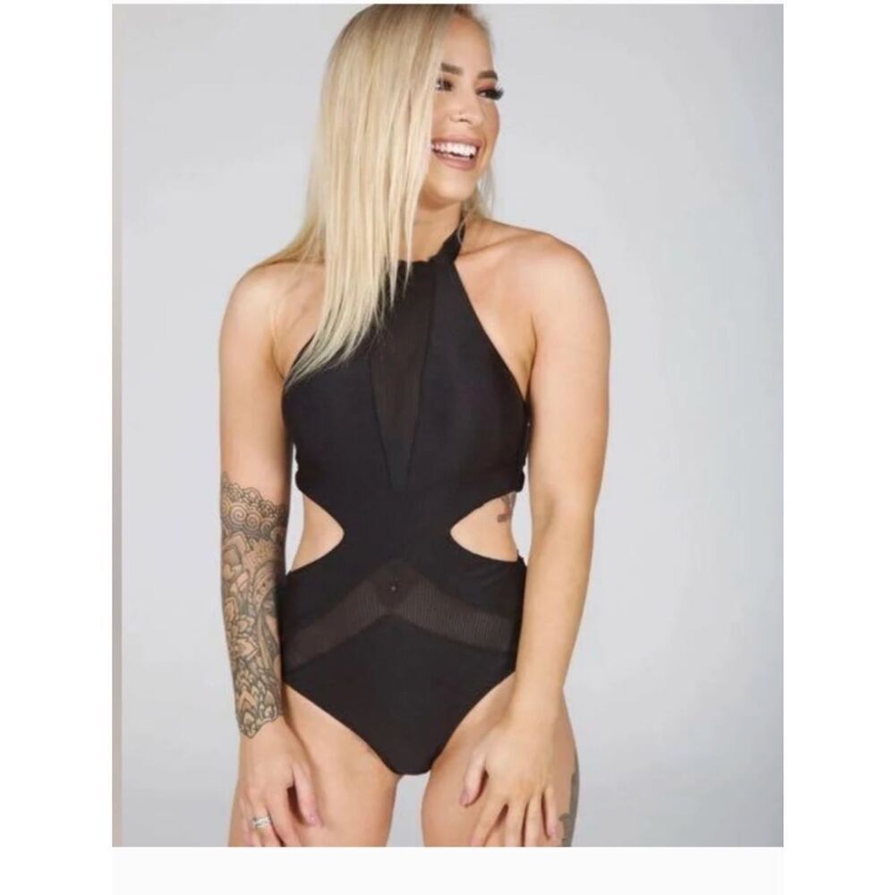 Tatiana Active Wear Black Halter Cutout Padded Polewear Bodysuit M NWT Alejandro